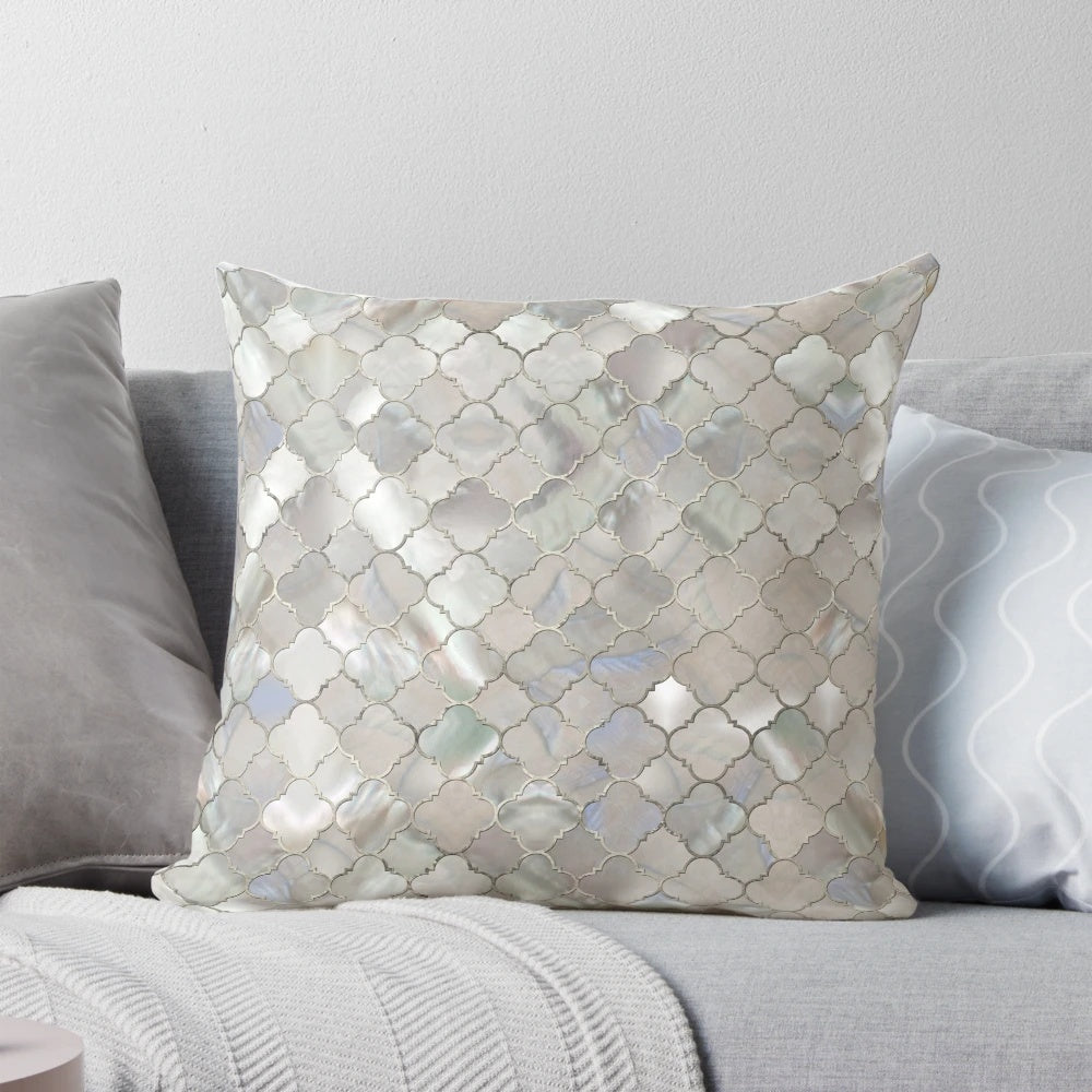 Quatrefoil Moroccan pattern pillow made with mother of pearl, a natural gemstone