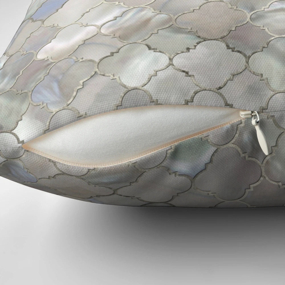 Quatrefoil Moroccan pattern pillow made with mother of pearl, a natural gemstone