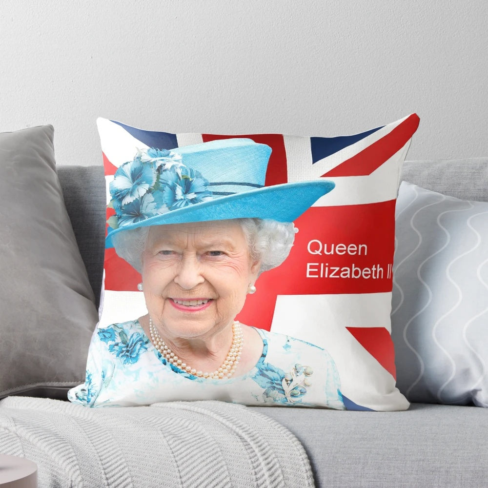 Elegant portrait of Queen Elizabeth II printed on a plush, high-quality pillow