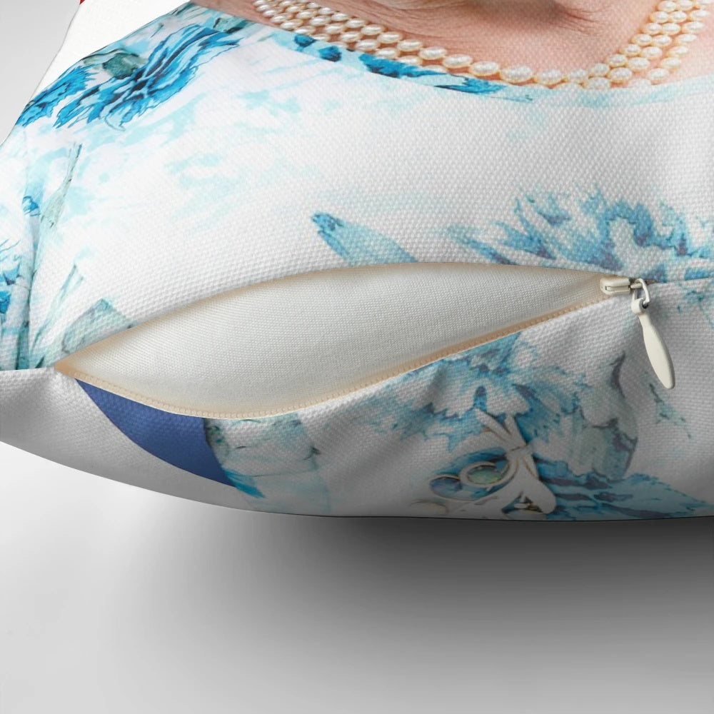 Elegant portrait of Queen Elizabeth II printed on a plush, high-quality pillow