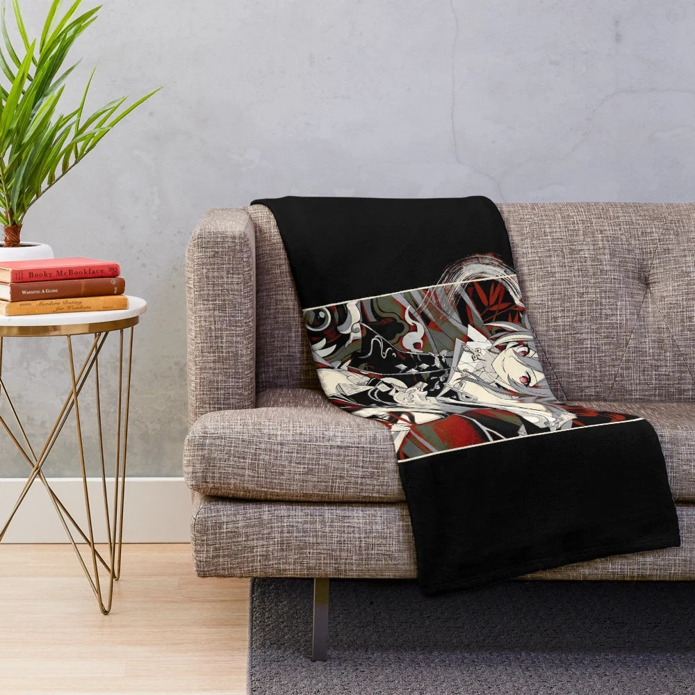Red bamboo leaves plush blanket with oriental, Asian-inspired design