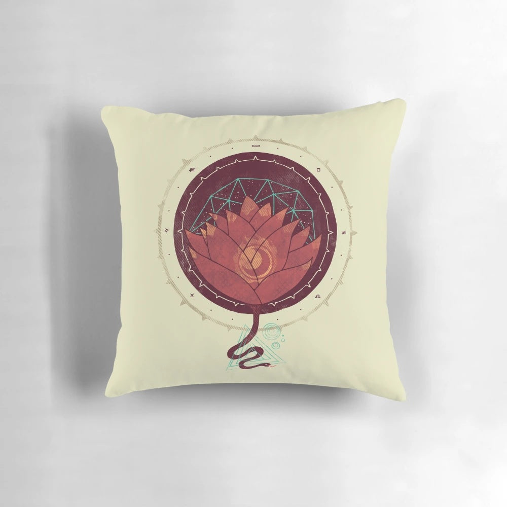 Closeup of a red lotus flower pillow with a geometric design