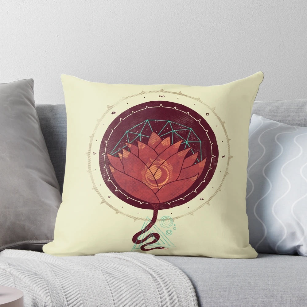 Closeup of a red lotus flower pillow with a geometric design