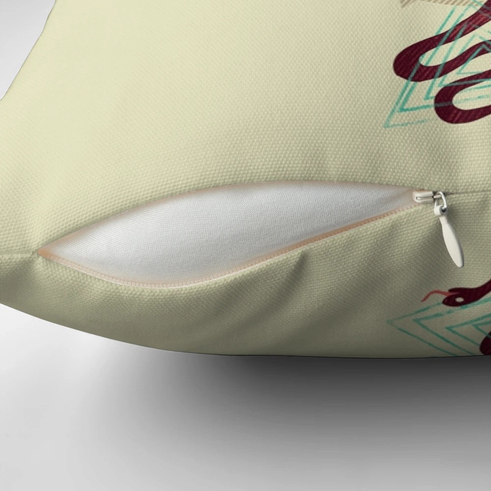 Closeup of a red lotus flower pillow with a geometric design