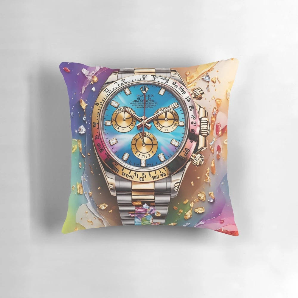 Vibrant multi-color Rolex Daytona watch inspired throw pillow for home decor