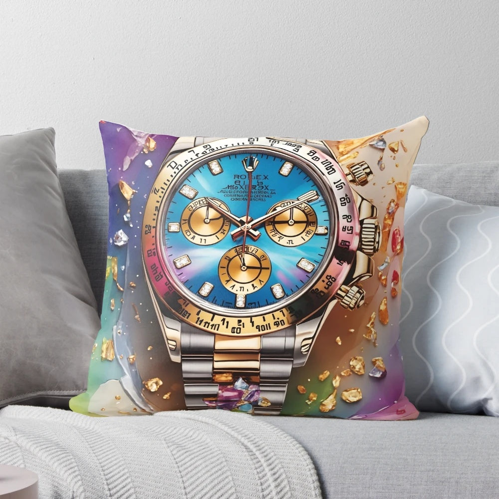 Vibrant multi-color Rolex Daytona watch inspired throw pillow for home decor