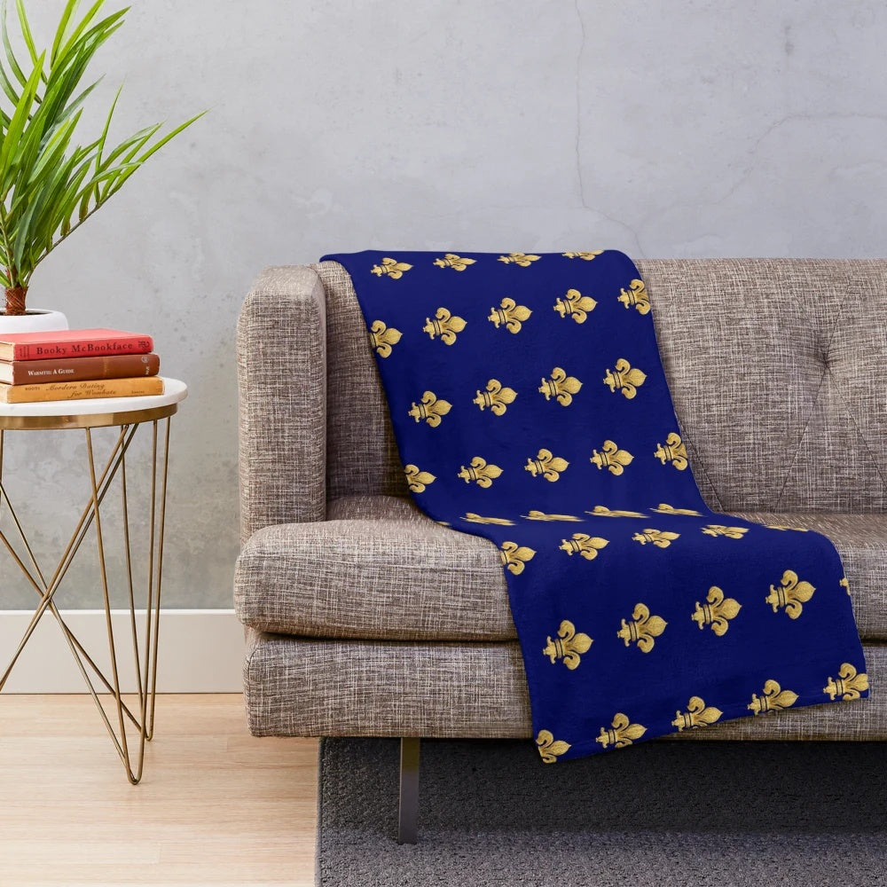 Soft, plush blue floral blanket with royal fleur de lys design