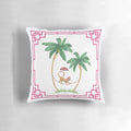 A decorative pillow featuring two palm trees and a cute royal monkey in a chinoiserie-inspired design.