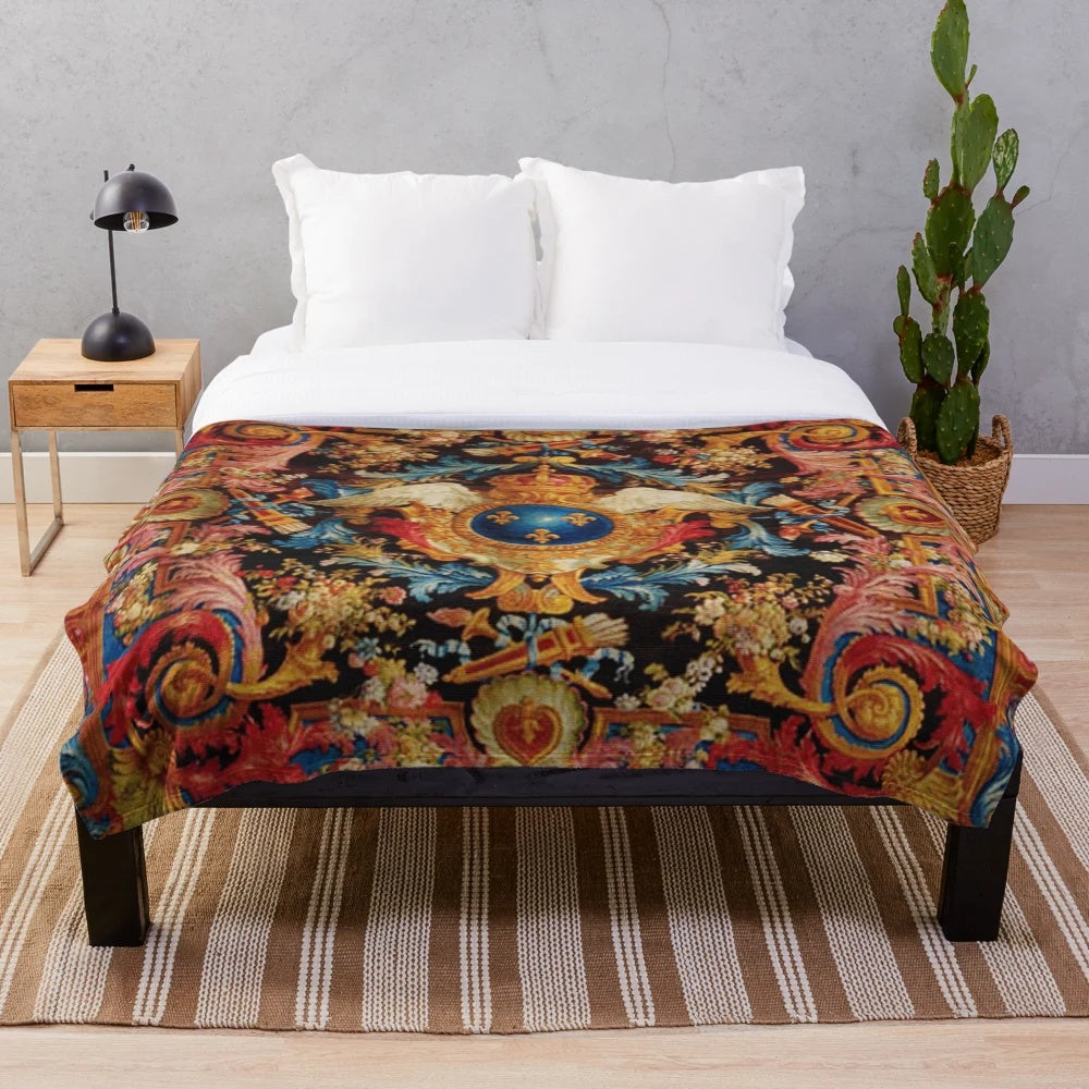 Savonnerie-inspired plush blanket with ornate floral and leaf pattern