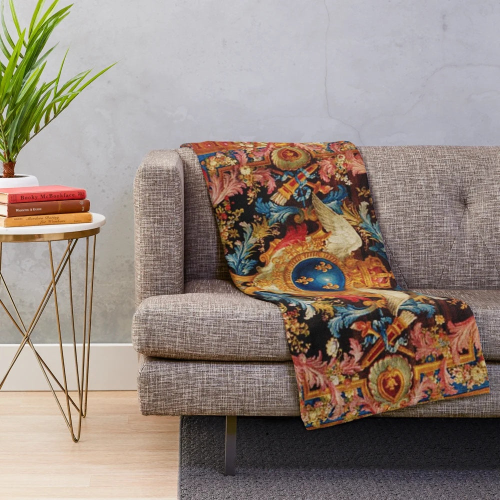 Savonnerie-inspired plush blanket with ornate floral and leaf pattern