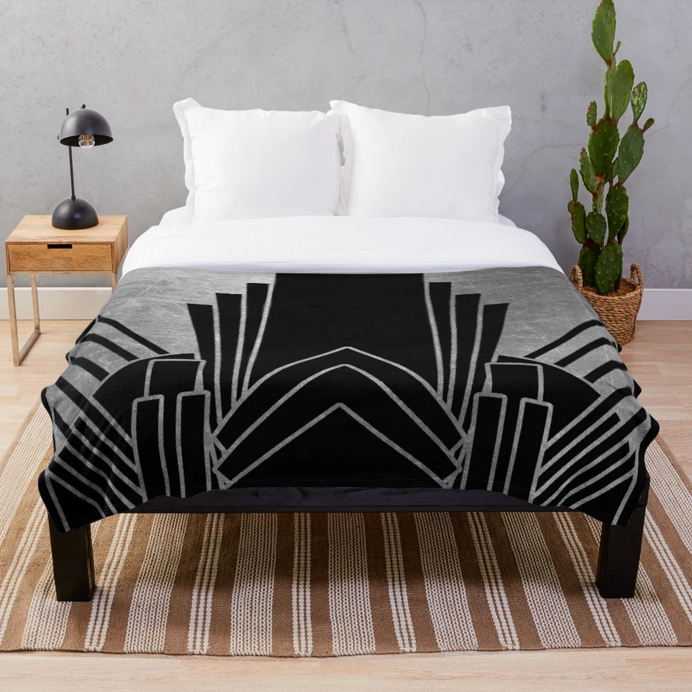 Luxurious silver art deco inspired plush blanket with geometric design