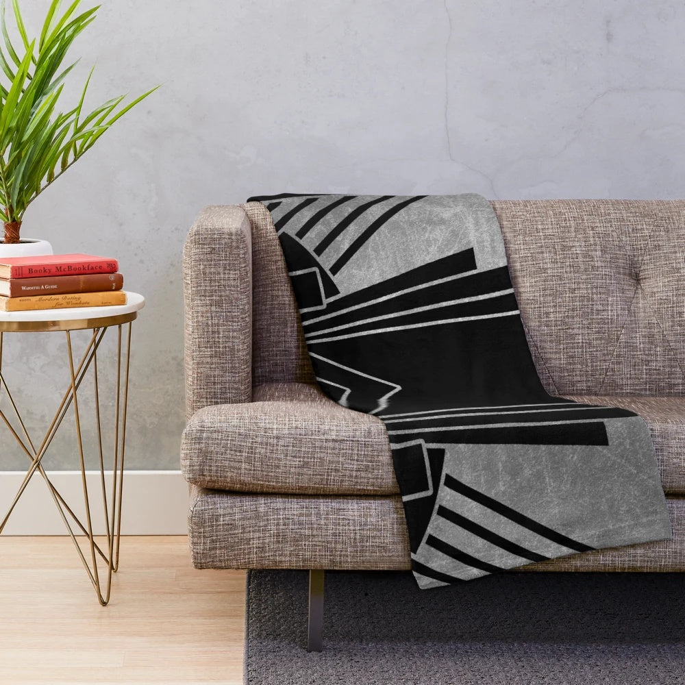 Luxurious silver art deco inspired plush blanket with geometric design
