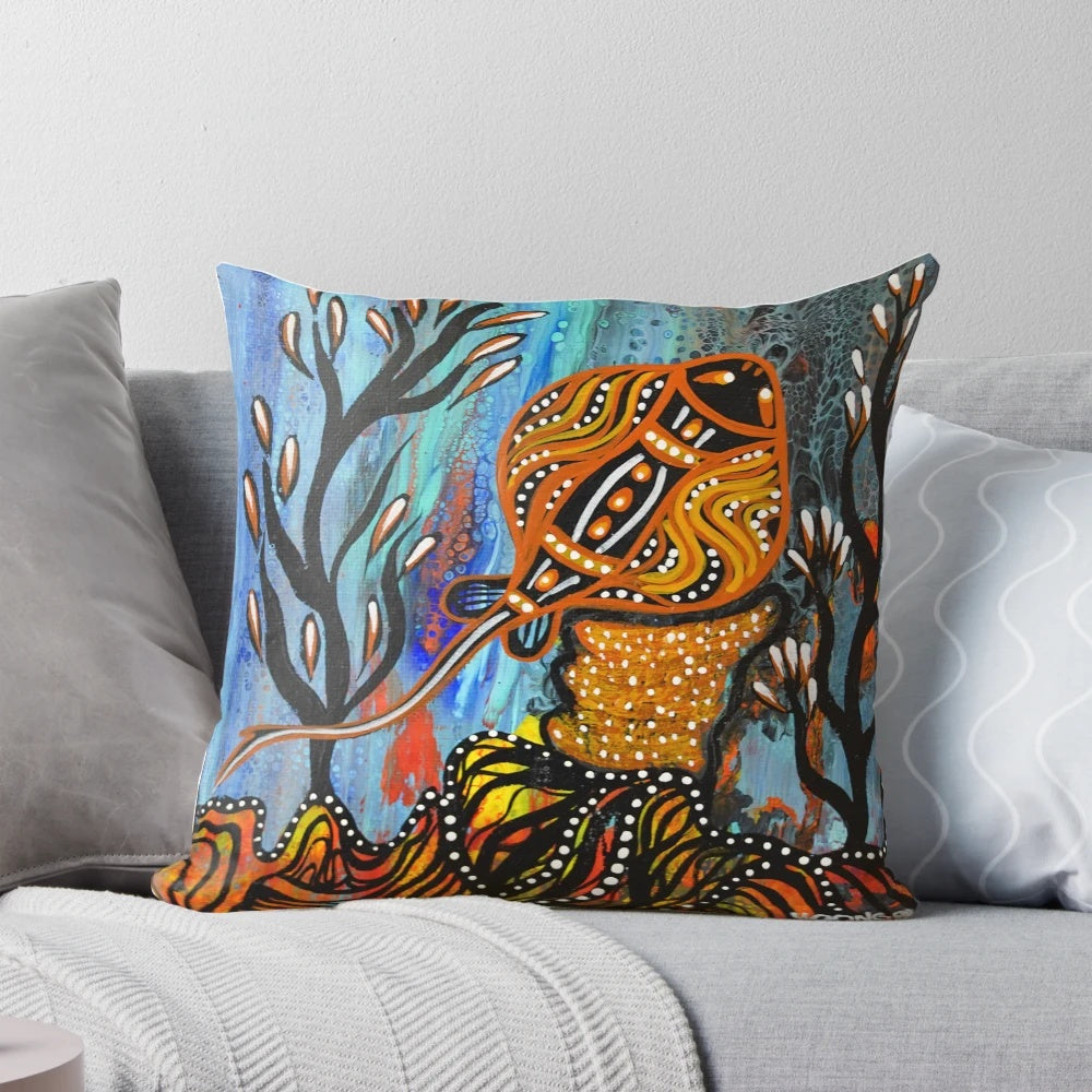 Soft and plush stingray-shaped throw pillow with realistic marine life design