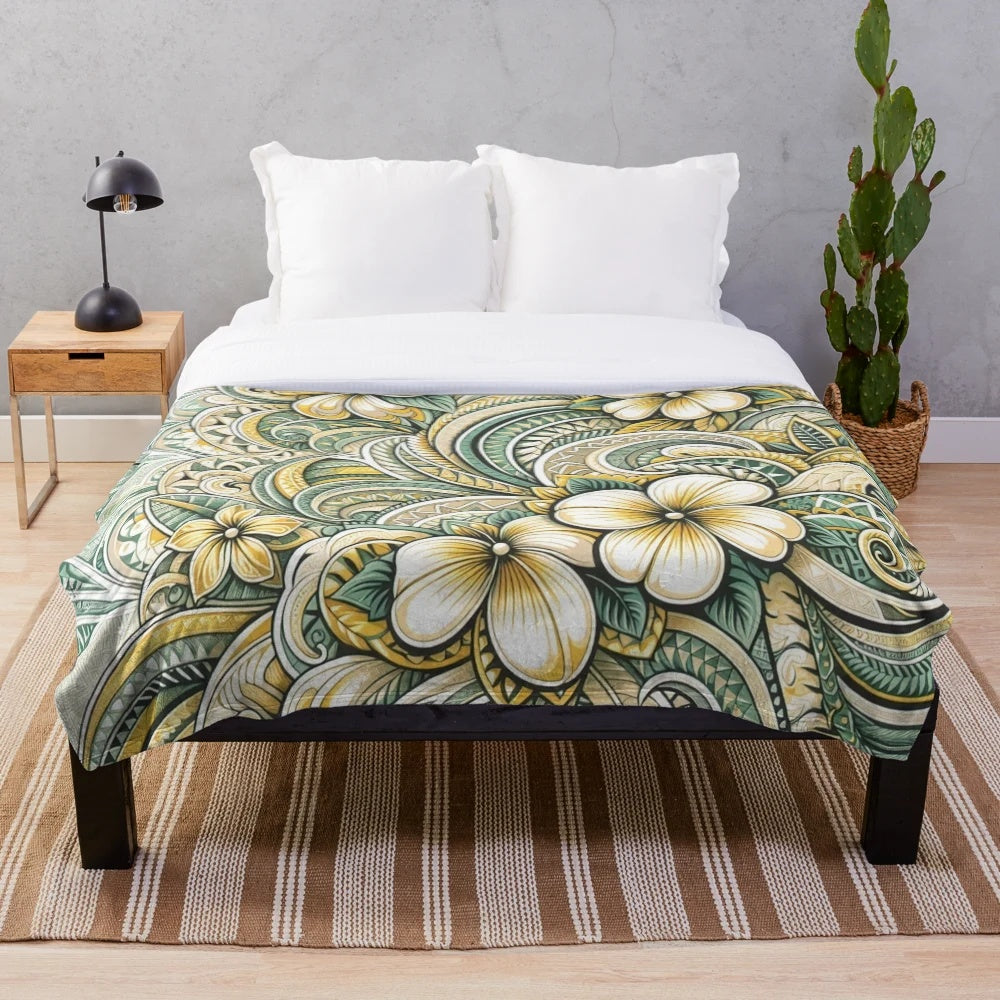 Tropical plush blanket with vibrant polynesian floral and leaf pattern