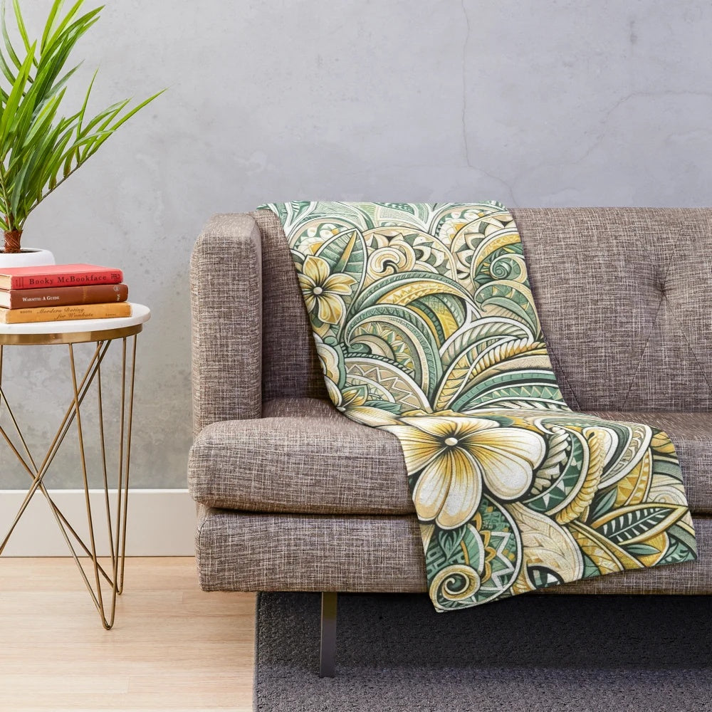 Tropical plush blanket with vibrant polynesian floral and leaf pattern
