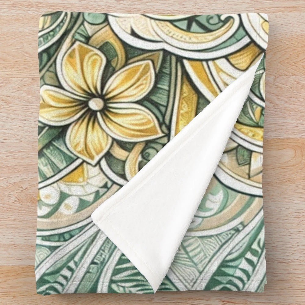 Tropical plush blanket with vibrant polynesian floral and leaf pattern