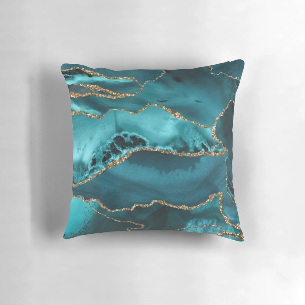 Luxurious turquoise blue and gold shimmer agate decorative pillow