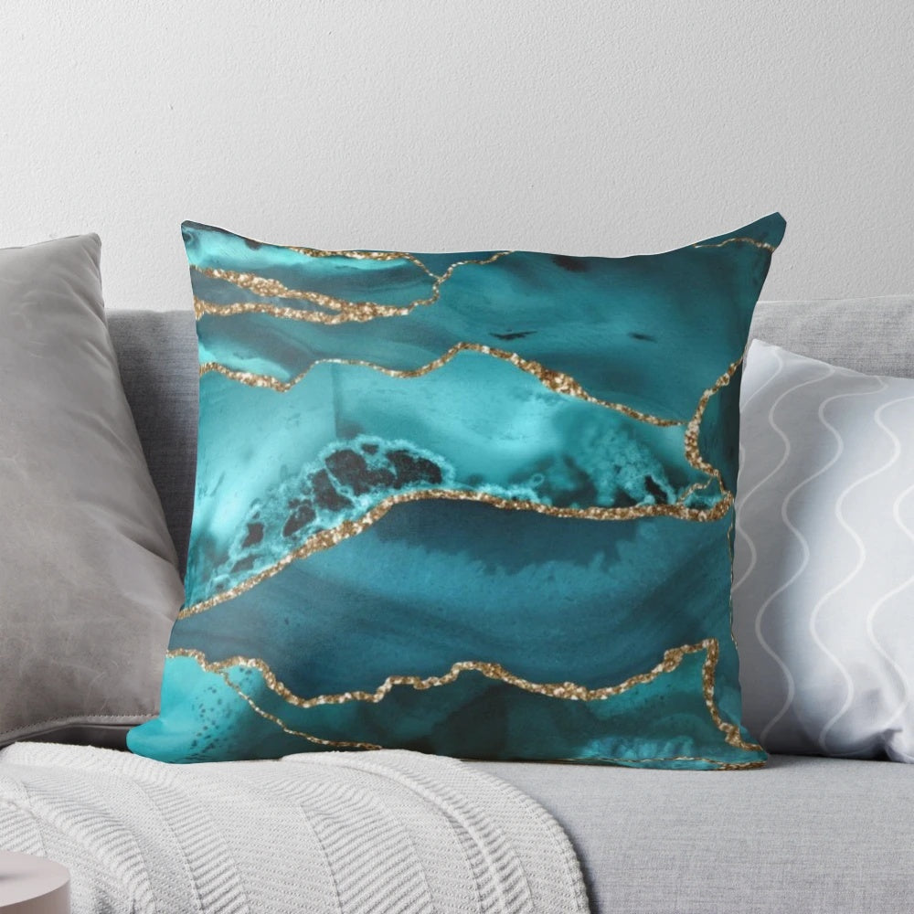 Luxurious turquoise blue and gold shimmer agate decorative pillow