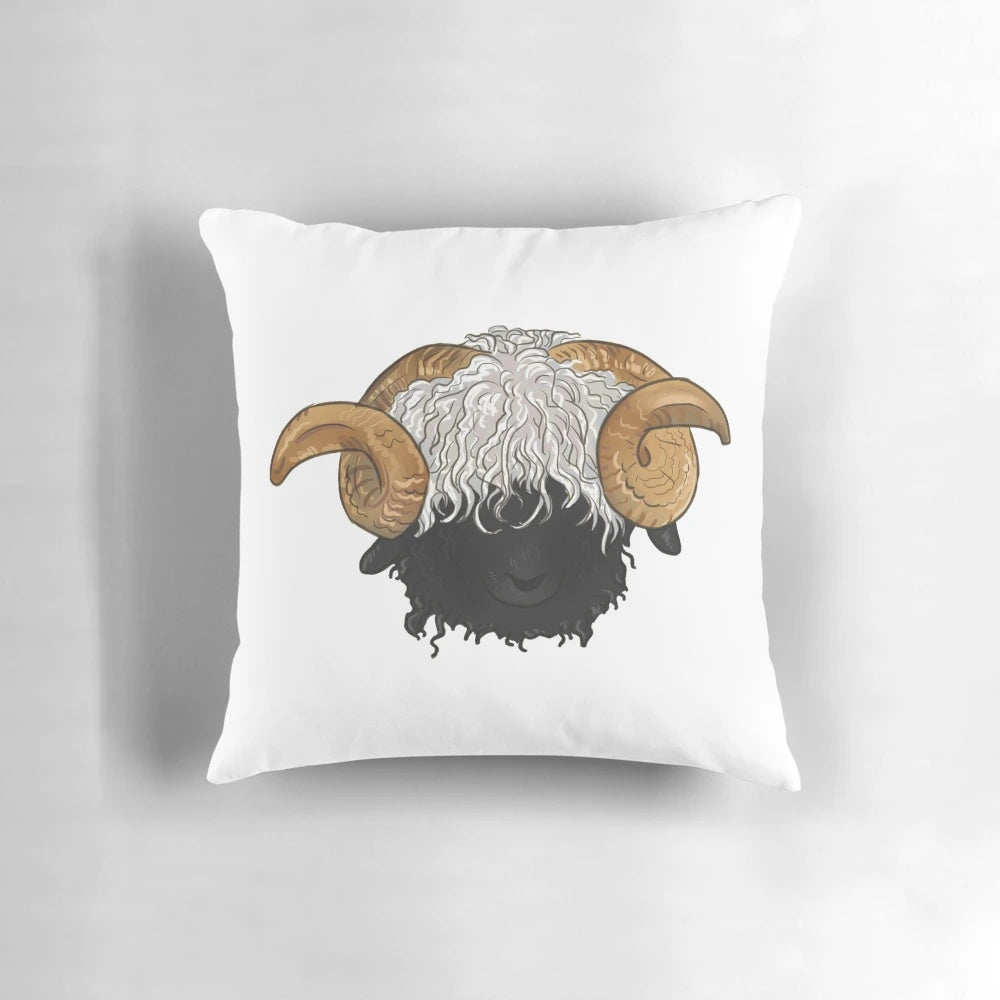 Soft, plush pillow featuring the distinctive markings of the Valais Blacknose sheep, a unique breed from the Swiss Alps.