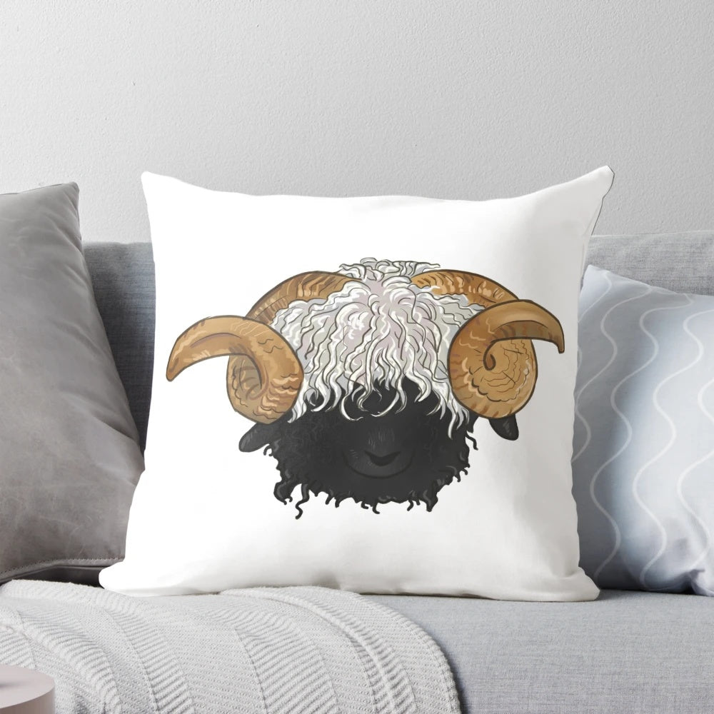 Soft, plush pillow featuring the distinctive markings of the Valais Blacknose sheep, a unique breed from the Swiss Alps.