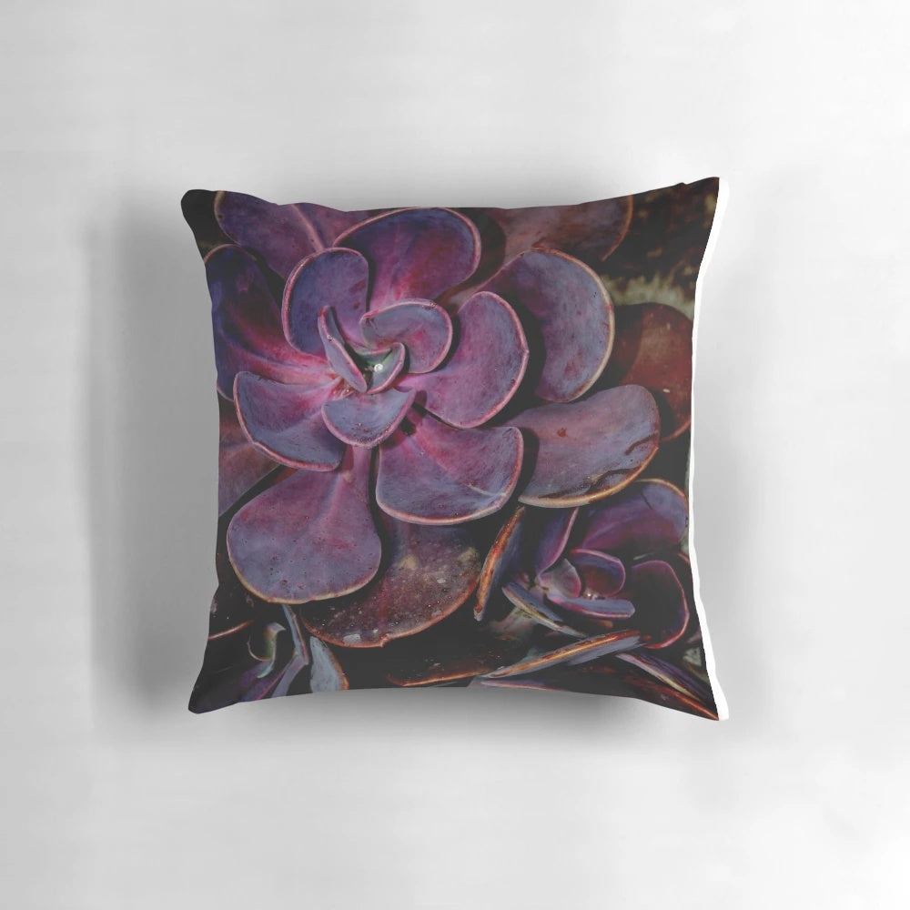 Soft, plush velvet cactus-themed decorative throw pillow in rich aubergine color
