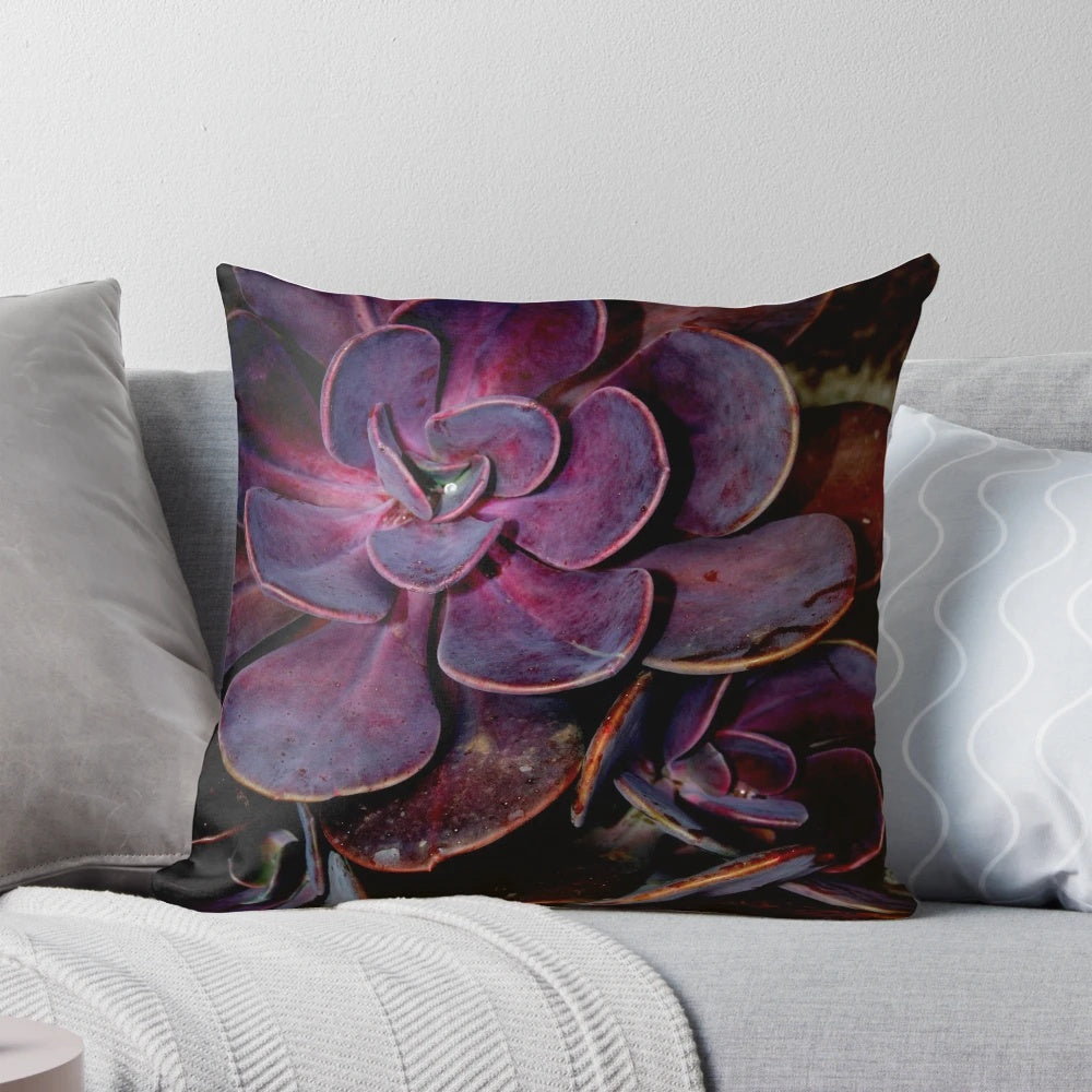 Soft, plush velvet cactus-themed decorative throw pillow in rich aubergine color