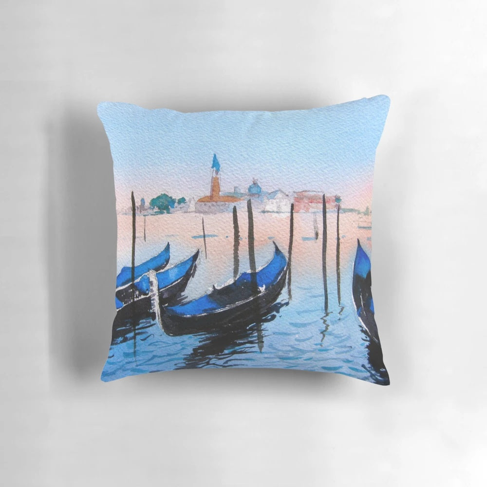 Decorative throw pillow featuring a scenic view of Venice, Italy with gondolas