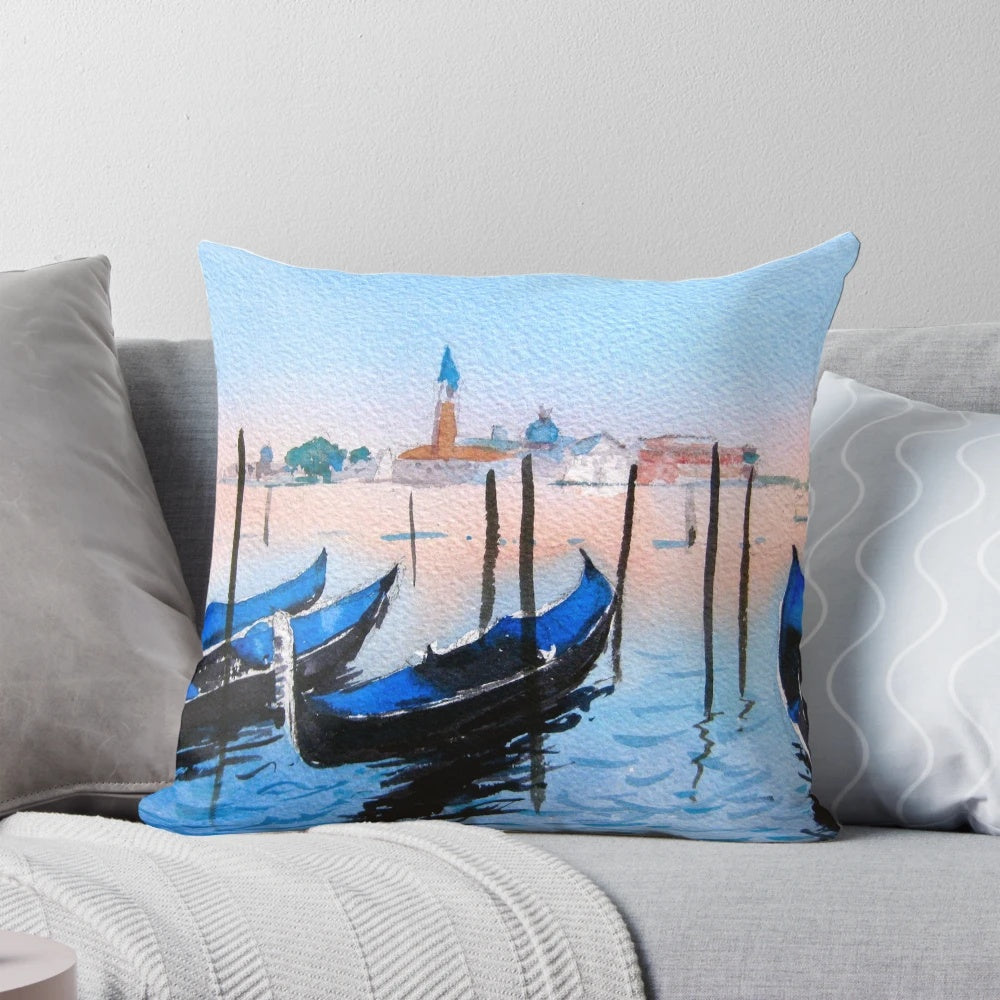 Decorative throw pillow featuring a scenic view of Venice, Italy with gondolas