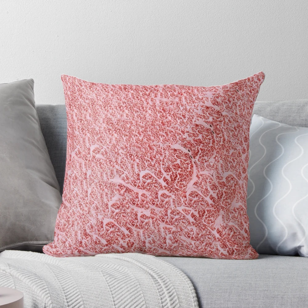 A Wagyu A5 Kobe beef ribeye steak texture pillow, a unique and high-quality home decor item.