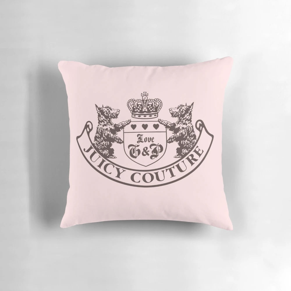 Pink and white y2k-inspired juicy couture crown pillow with velour texture