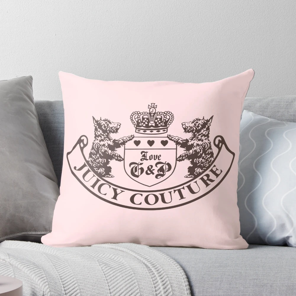 Pink and white y2k-inspired juicy couture crown pillow with velour texture