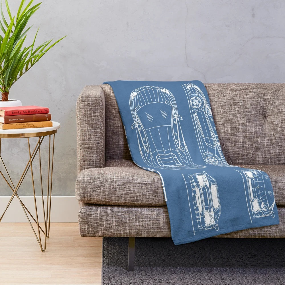 Plush blanket with Aventador supercar blueprint design