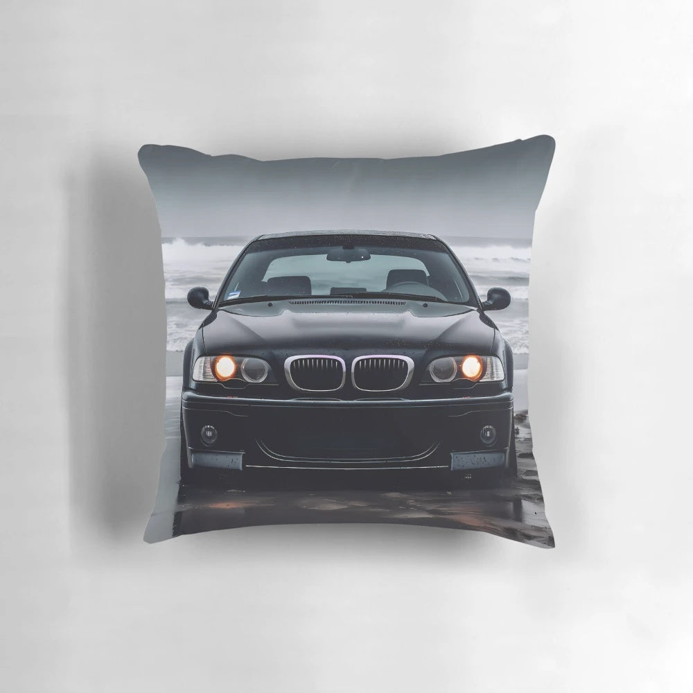 Soft, plush black car-themed pillow featuring a design inspired by high-performance German sports cars.