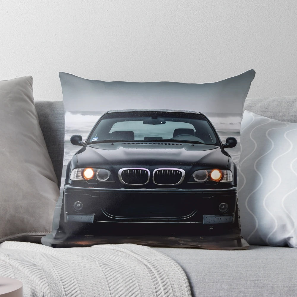 Soft, plush black car-themed pillow featuring a design inspired by high-performance German sports cars.