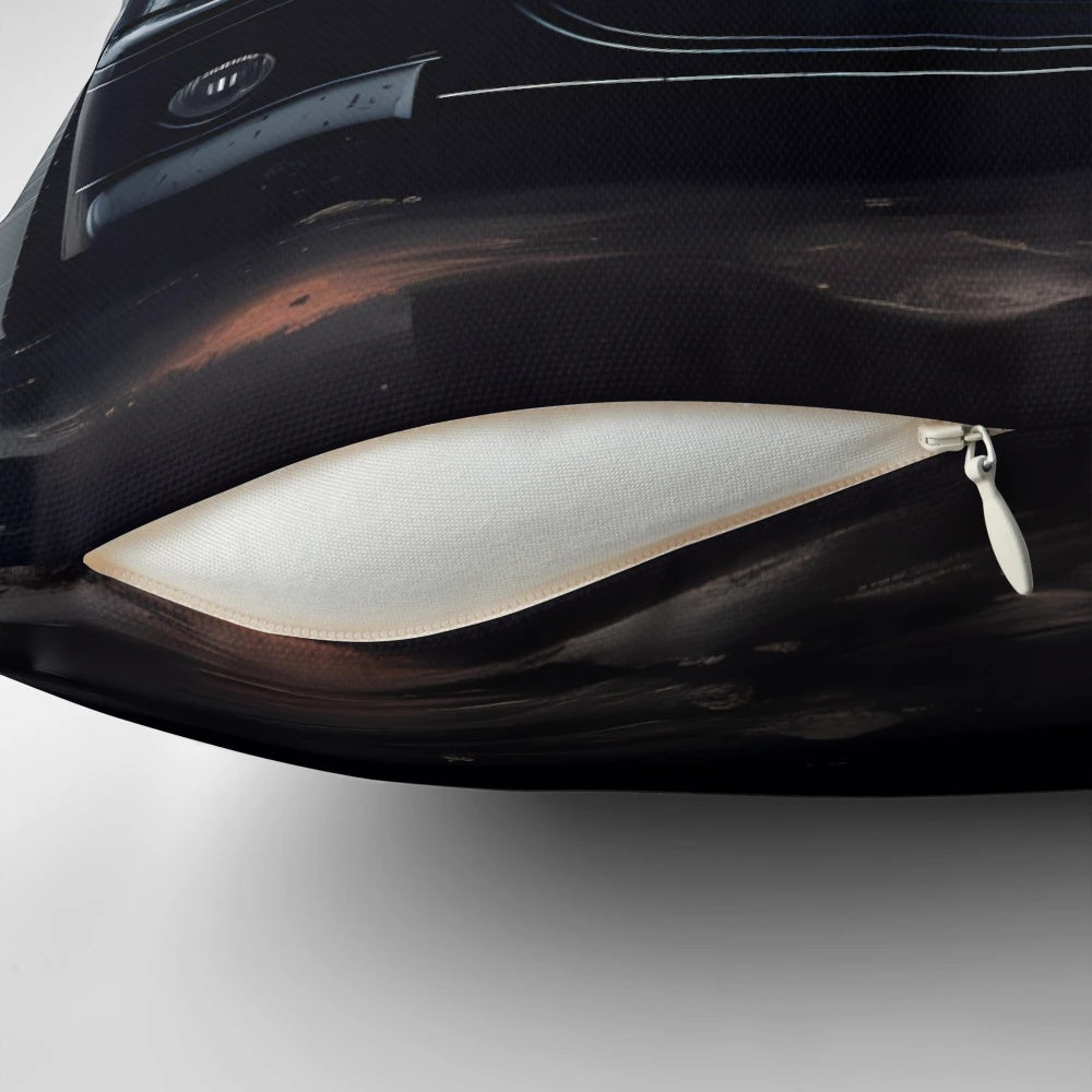 Soft, plush black car-themed pillow featuring a design inspired by high-performance German sports cars.