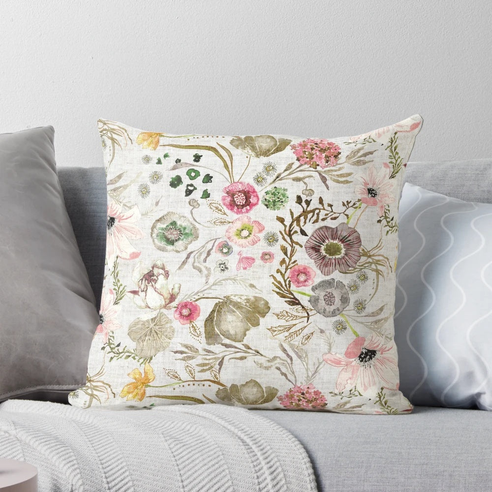 Closeup of a luxurious floral pillow with a nature-inspired pattern in neutral colors