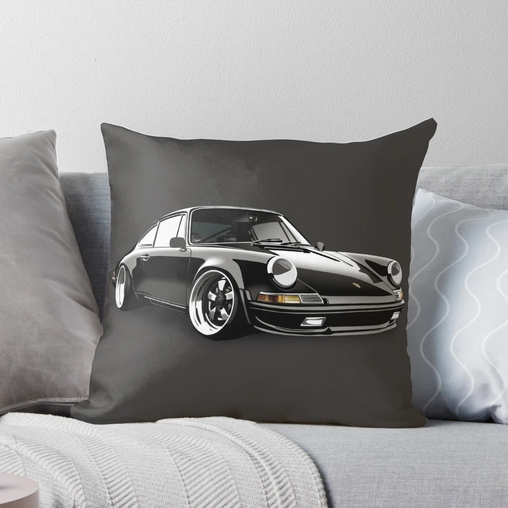 Soft, plush pillow featuring the iconic Porsche 911 sports car in a sleek black design.