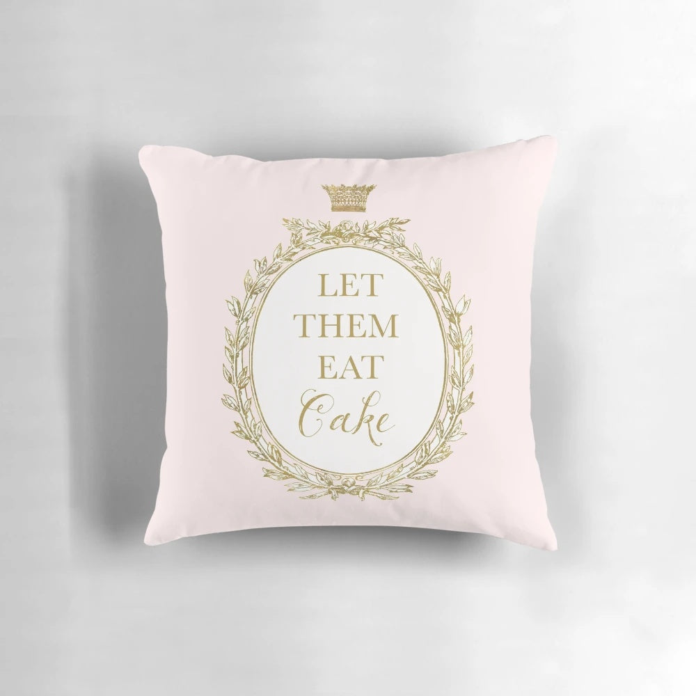 Soft, pink "Let Them Eat Cake" pillow with a vintage, French Rococo-inspired design