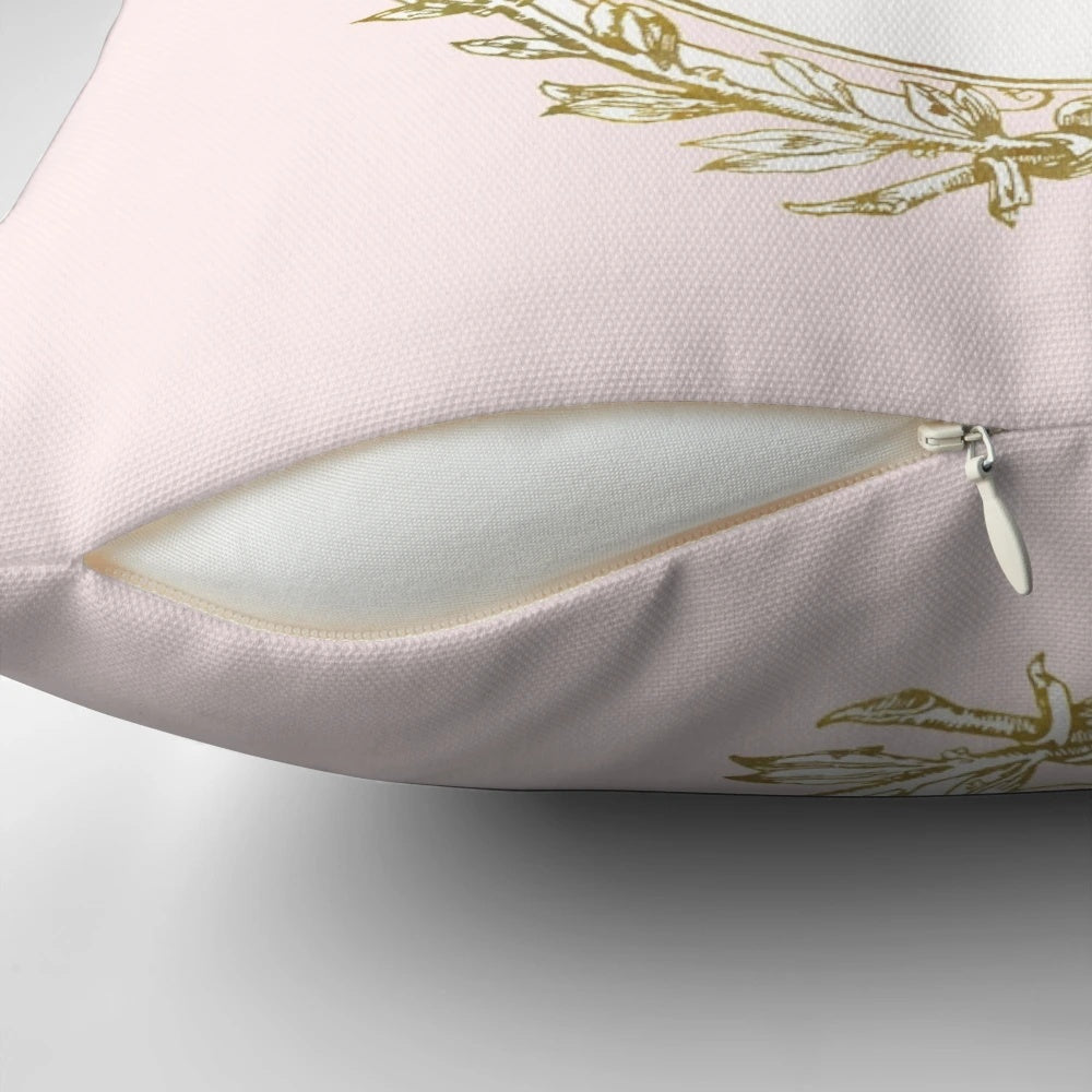 Soft, pink "Let Them Eat Cake" pillow with a vintage, French Rococo-inspired design