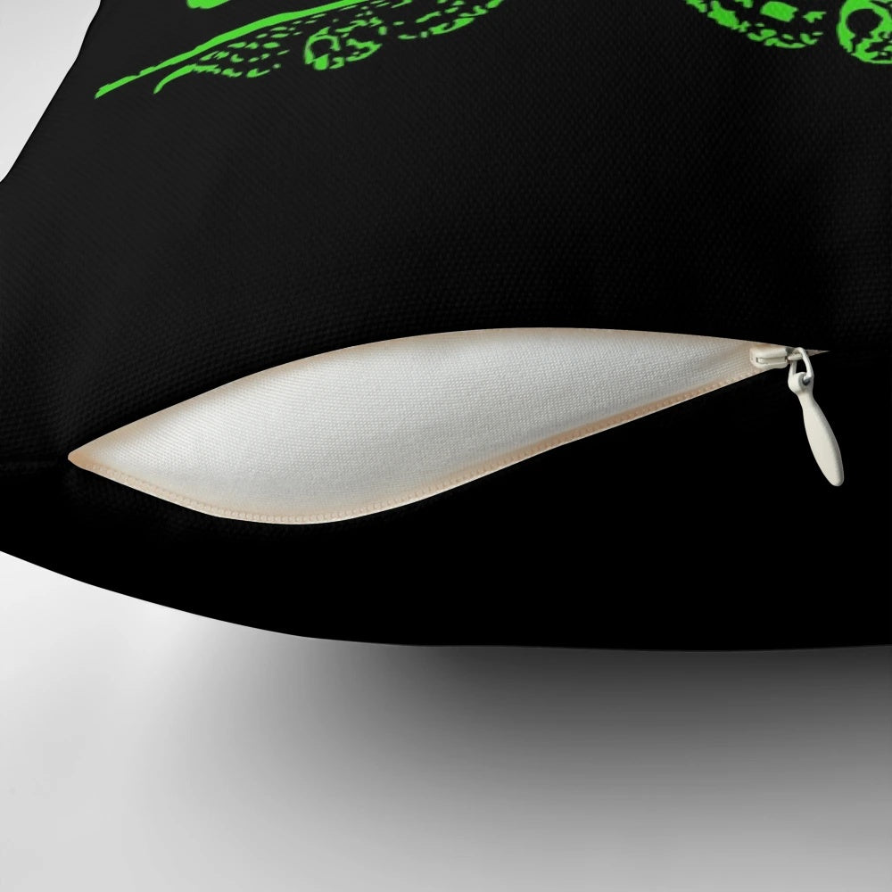 Black and green "I, Myself, Am Strange and Unusual" Lydia Deetz themed pillow