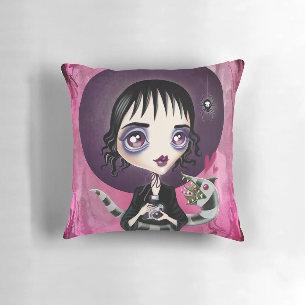 Decorative throw pillow featuring a spooky Lydia Deetz design from the classic film Beetlejuice