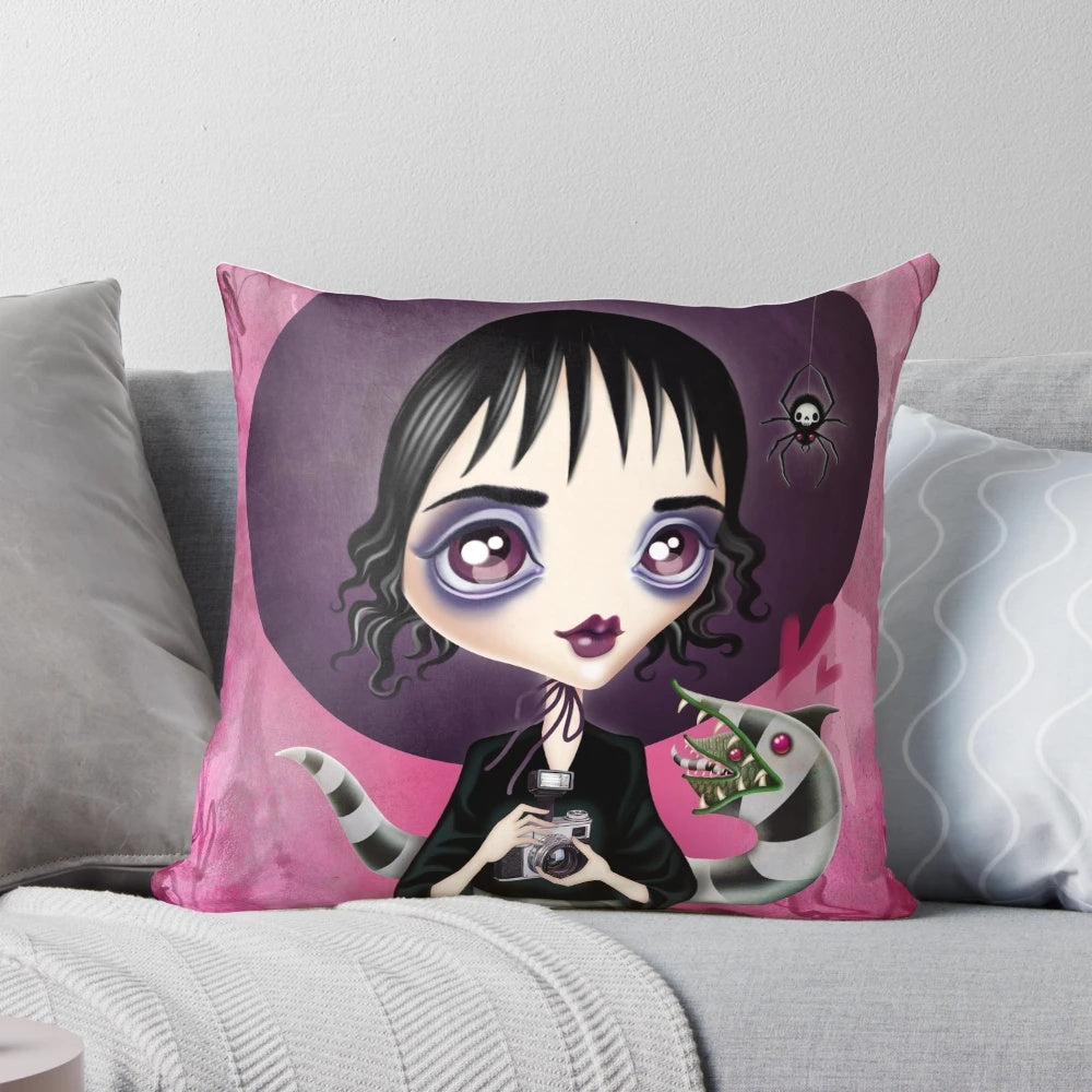 Decorative throw pillow featuring a spooky Lydia Deetz design from the classic film Beetlejuice
