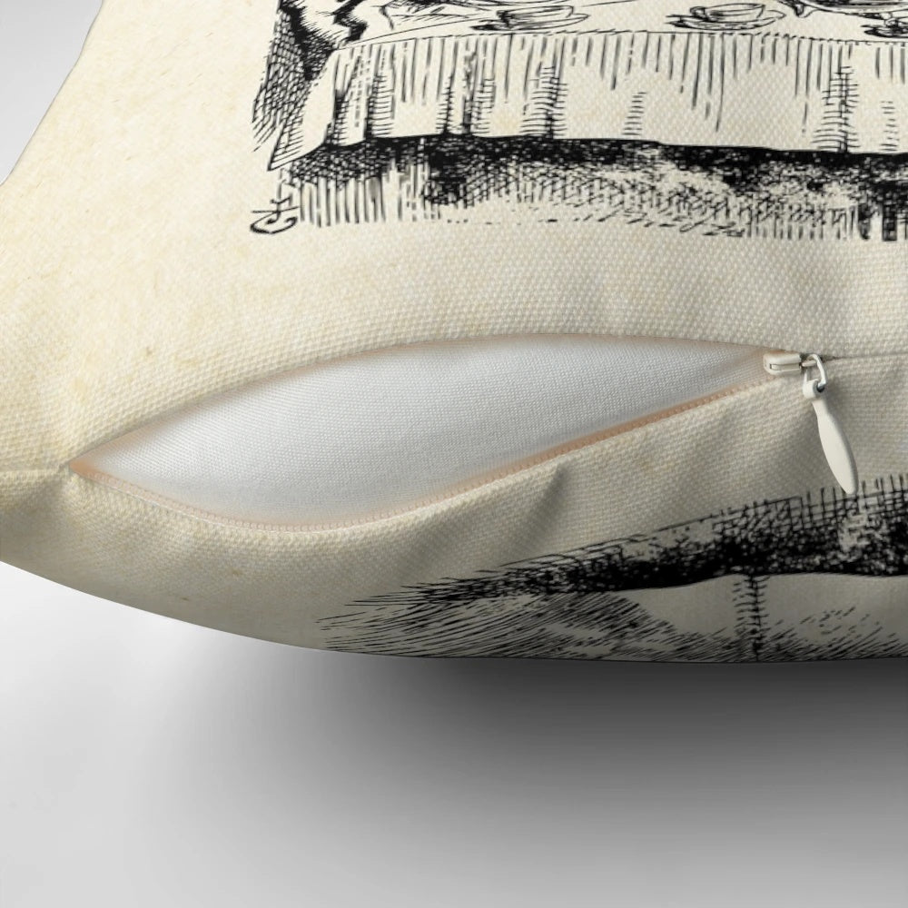Decorative throw pillow featuring the quote "You're entirely bonkers" from the Mad Hatter in Alice in Wonderland.
