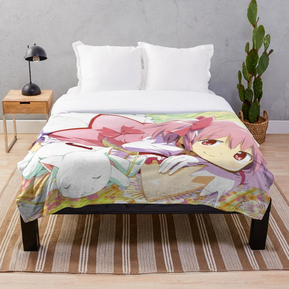 Madoka Magica inspired plush blanket featuring characters from the popular anime series