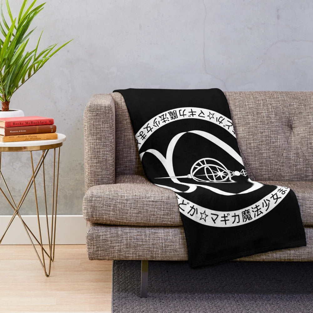 Madoka Magica inspired white plush blanket featuring the iconic Grief Seed design
