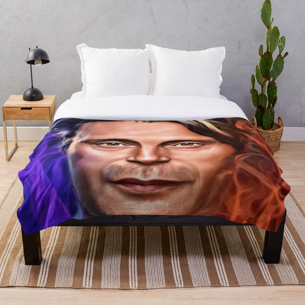 Mads Mikkelsen Hannibal Lecter themed plush blanket with blue and orange flames