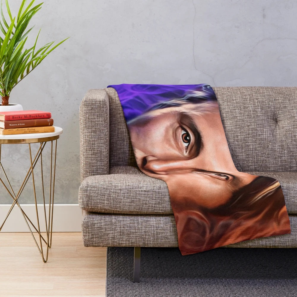 Mads Mikkelsen Hannibal Lecter themed plush blanket with blue and orange flames