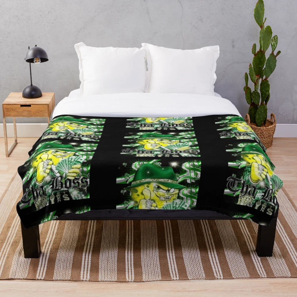 Mafioso Spongebob inspired plush blanket with gangster and retro 2000s style design