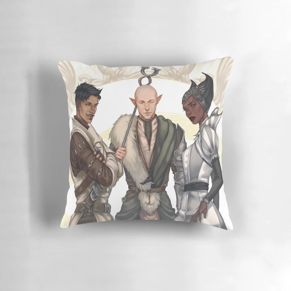 Soft, plush pillow featuring the mages of the Dragon Age Inquisition, including Solas, Dorian, and Vivienne.