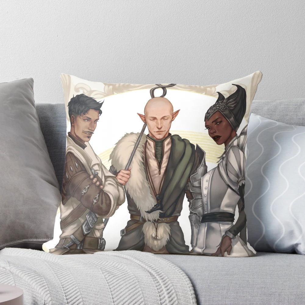 Soft, plush pillow featuring the mages of the Dragon Age Inquisition, including Solas, Dorian, and Vivienne.